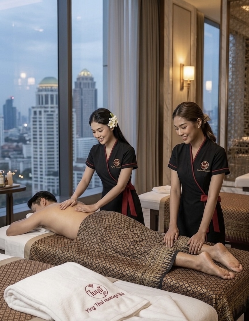 Ying Thai therapists giving authentic Thai massage with Bangkok skyline view