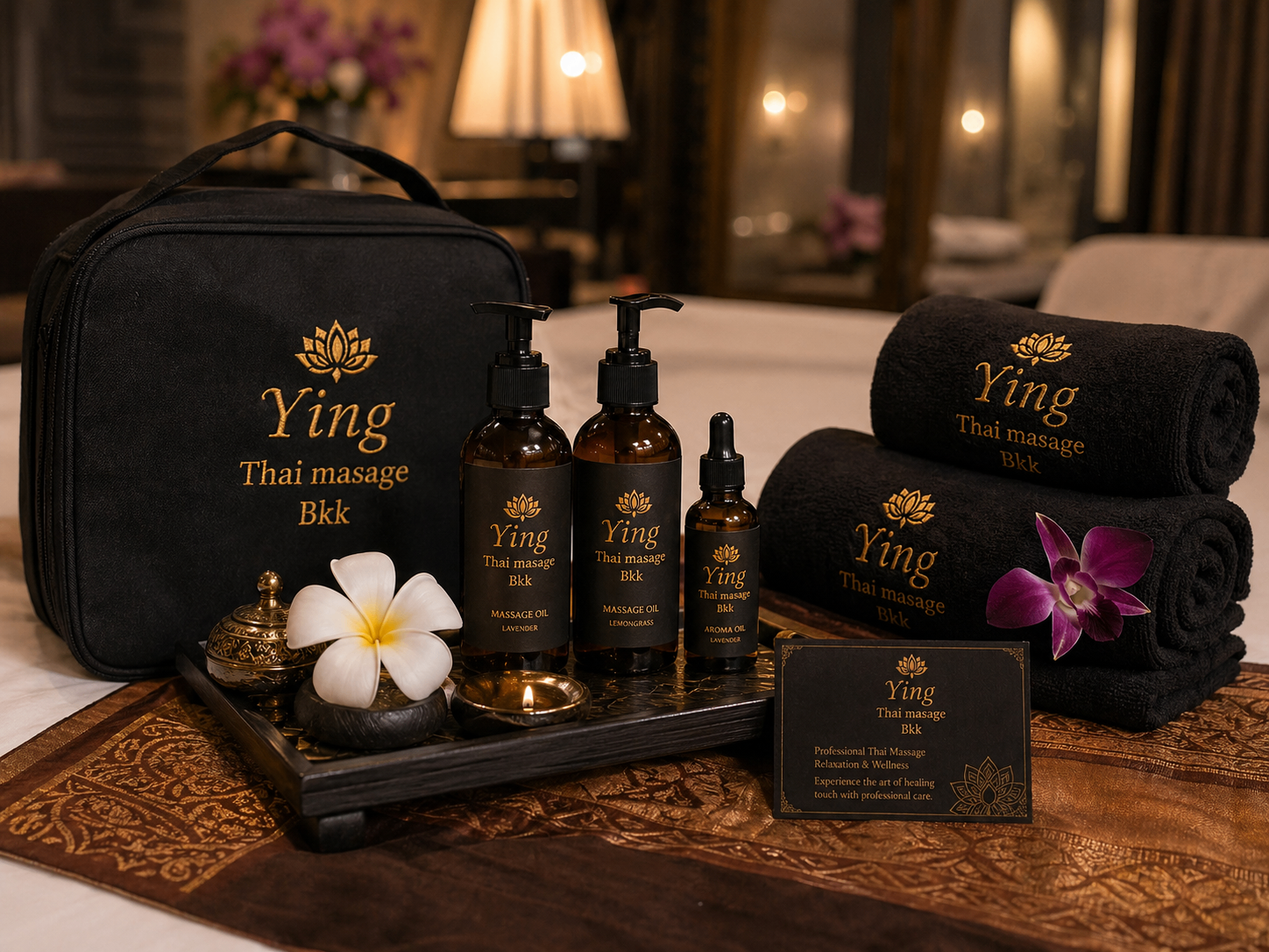 Ying Thai Massage signature oils, towels and travel kit