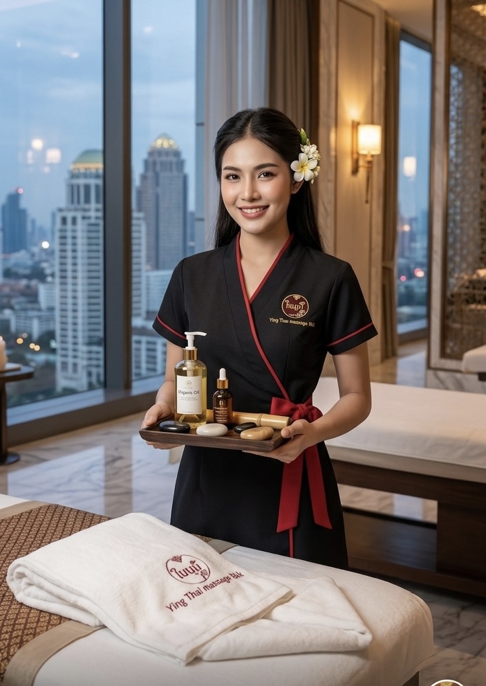 Ying therapist presenting oil tray in luxury hotel suite