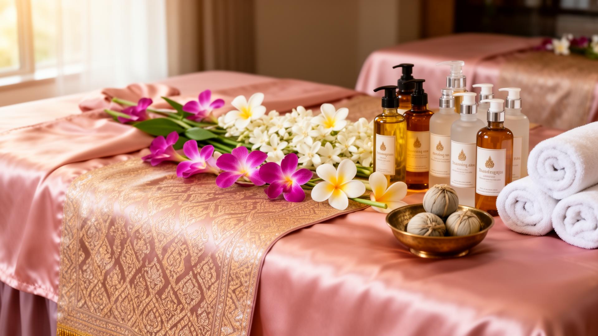 Thai massage oils and equipment on silk-draped bed with orchids